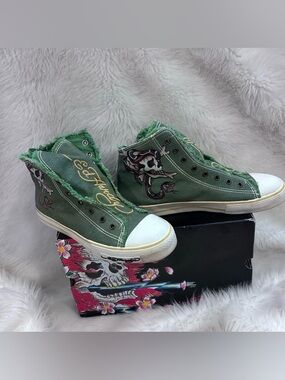 Ed Hardy high-top cracked leather over canvas, sneakers, tattoo shoes, size 10